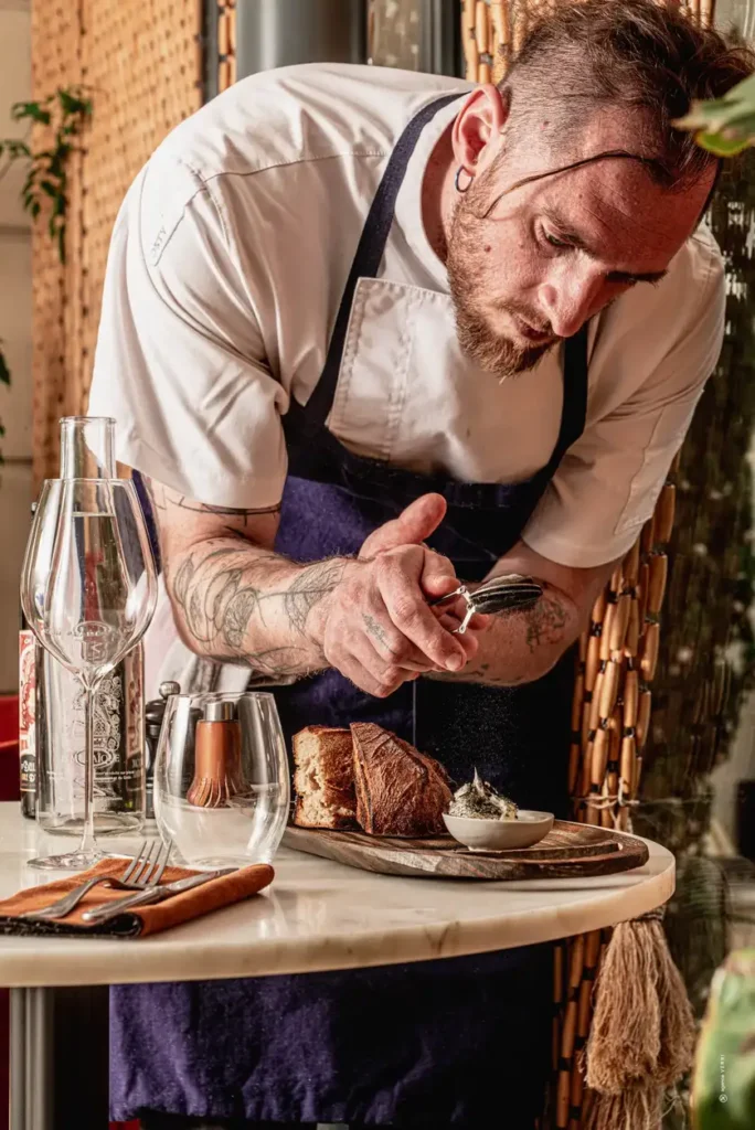 Chef du restaurant Le Mosaïque à Narbonne dressant un plat gastronomique